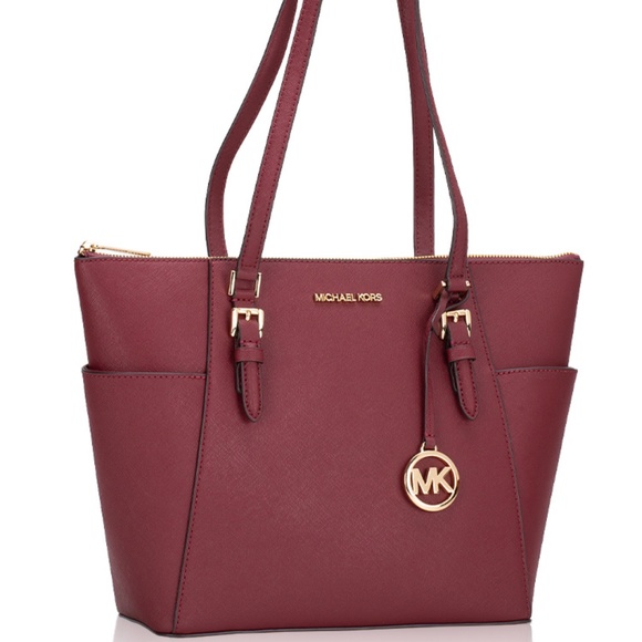 Michael Kors Charlotte Large Saffiano Leather Top-Zip Tote Bag - Dark Cherry - Picture 1 of 4